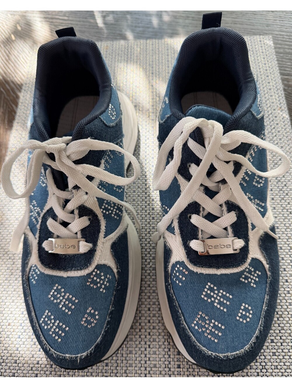 Y2K Bebe Caia Denim Platform Shoes Rhinestone Logo Chunky Fashion Womens Size 9